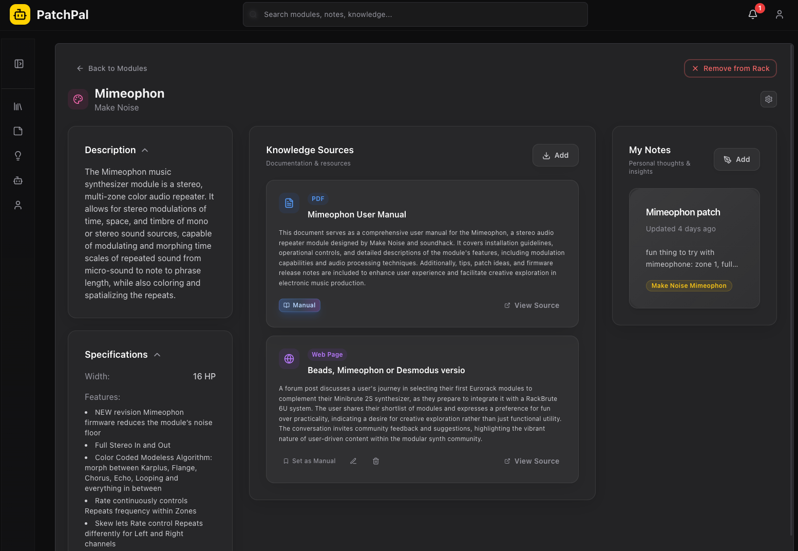 PatchPal Module Detail View - Module showing knowledge sources, specifications, and personal notes